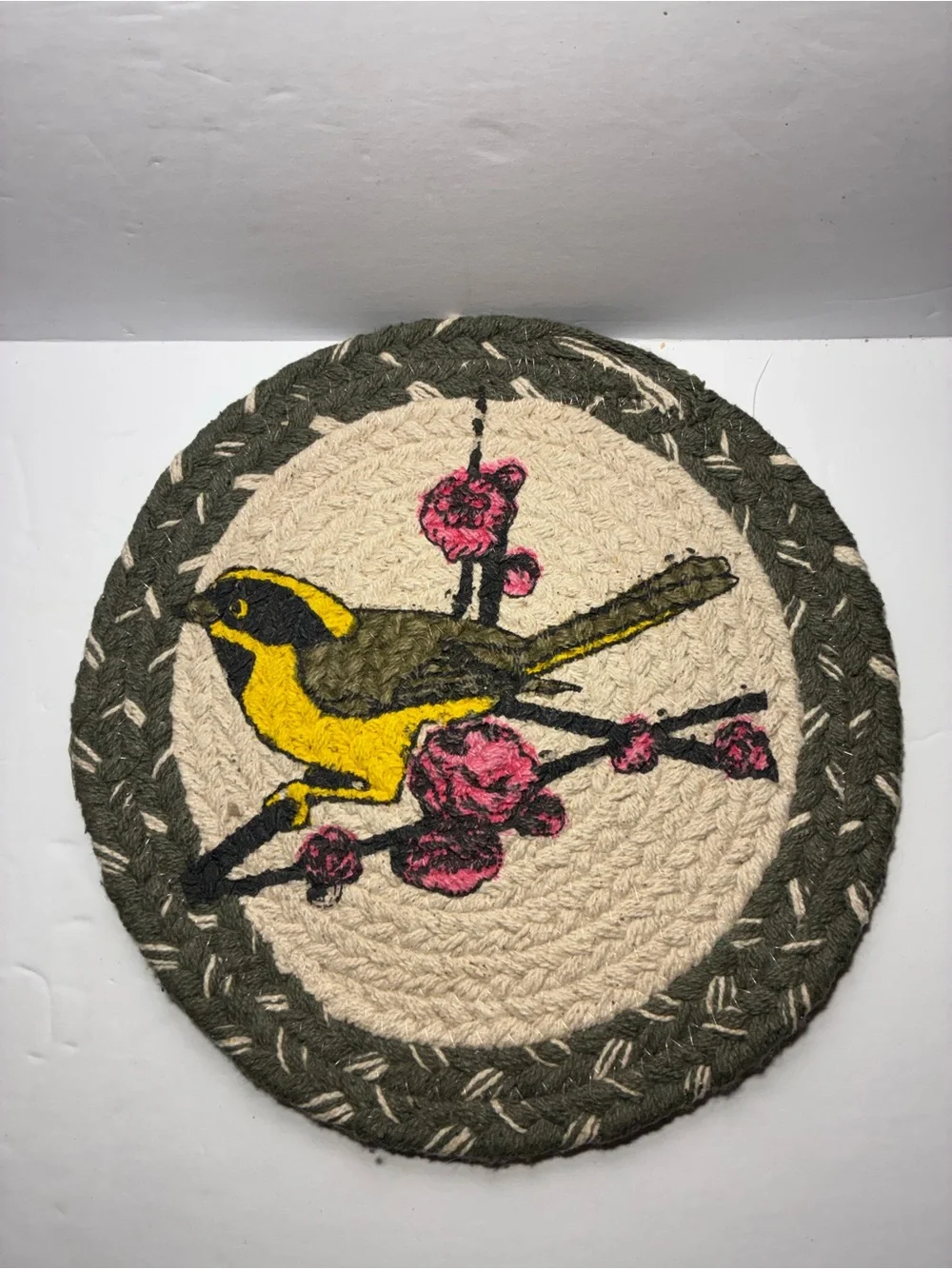 Set of 2 Handmade Braided Round Bird Floral Trivets Hot Pads 9